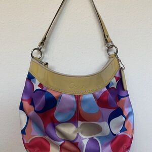 Coach Multicolor Satin Hobo Bag with Tan Trim